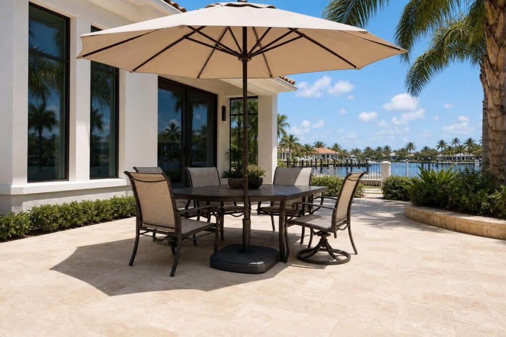 Outdoor dining area with umbrella for shaded South Florida patio seating