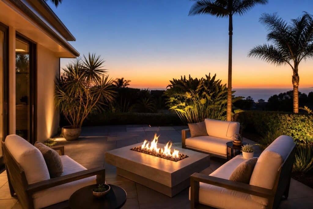 Outdoor fire table and seating layout for family patio entertaining