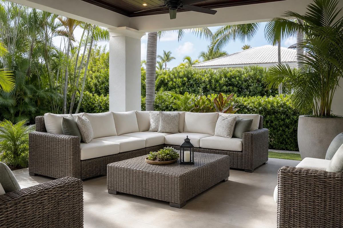 Wicker sectional seating for a shaded Palm Beach Gardens patio