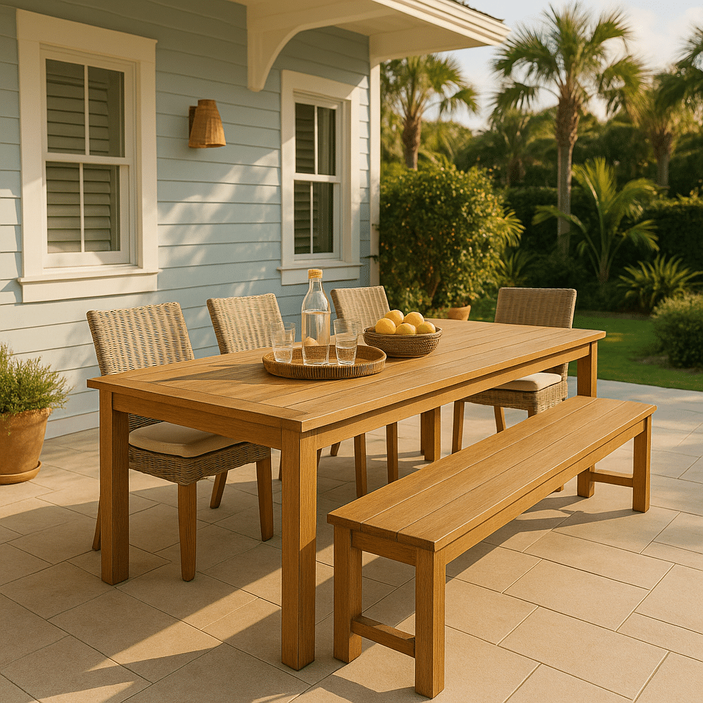Outdoor Dining Bench Seating for a late summer guest-ready South Florida patio