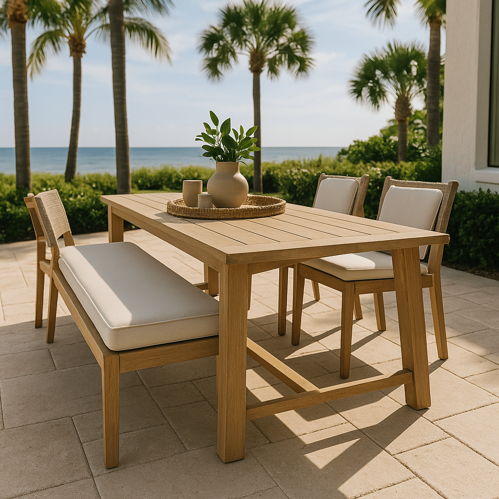 Outdoor Dining Bench Seating for a late summer guest-ready South Florida patio