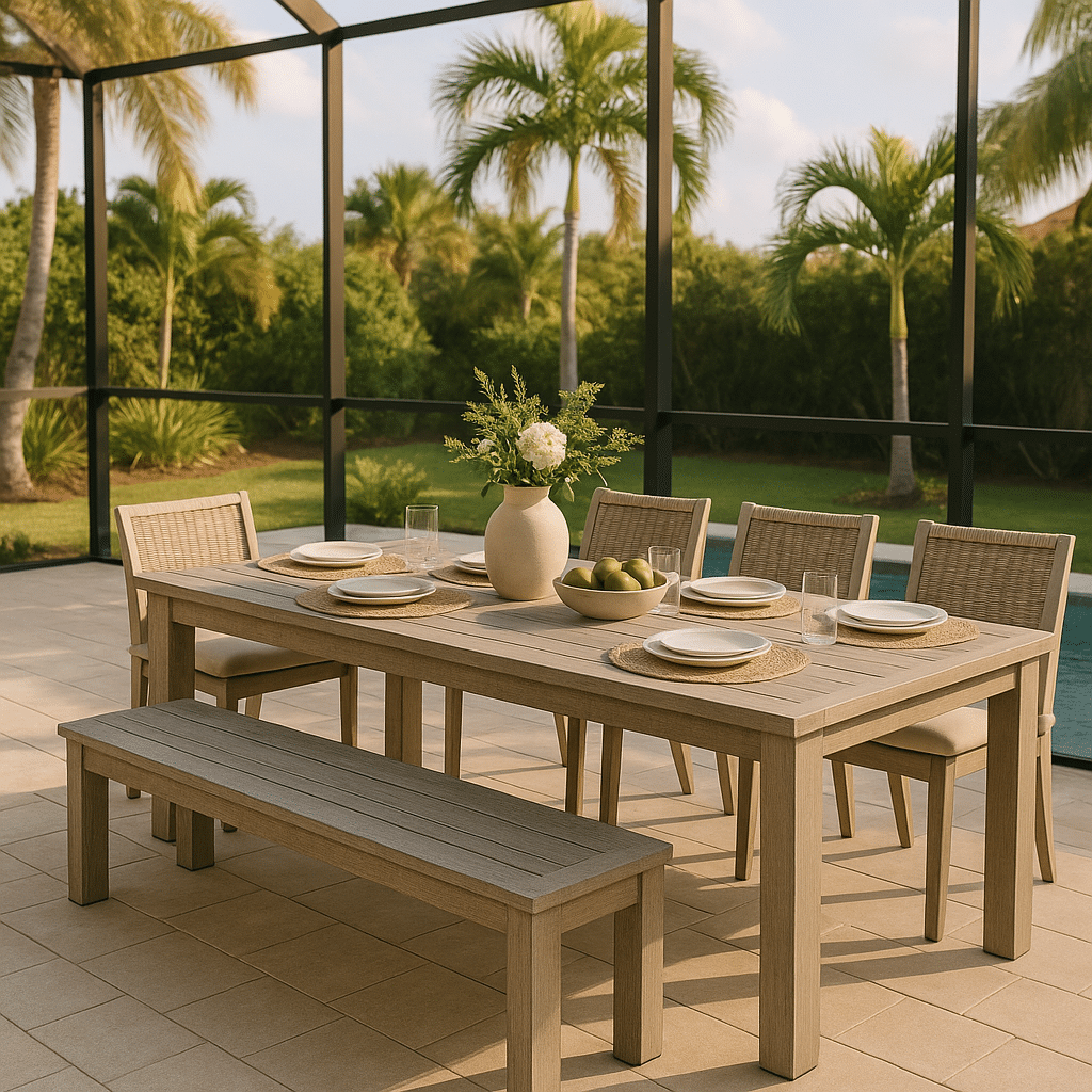 Outdoor Dining Bench Seating for a late summer guest-ready South Florida patio