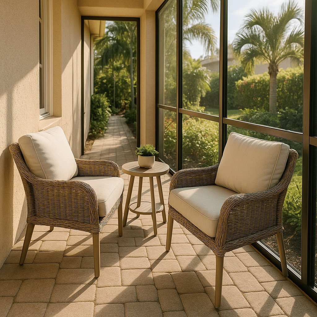 Narrow Lanai Furniture Layouts for a late summer guest-ready South Florida patio