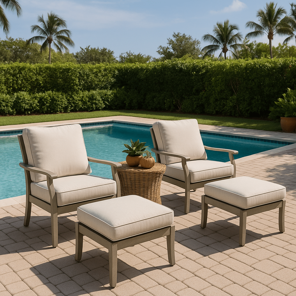 Poolside Ottomans for a late summer guest-ready South Florida patio
