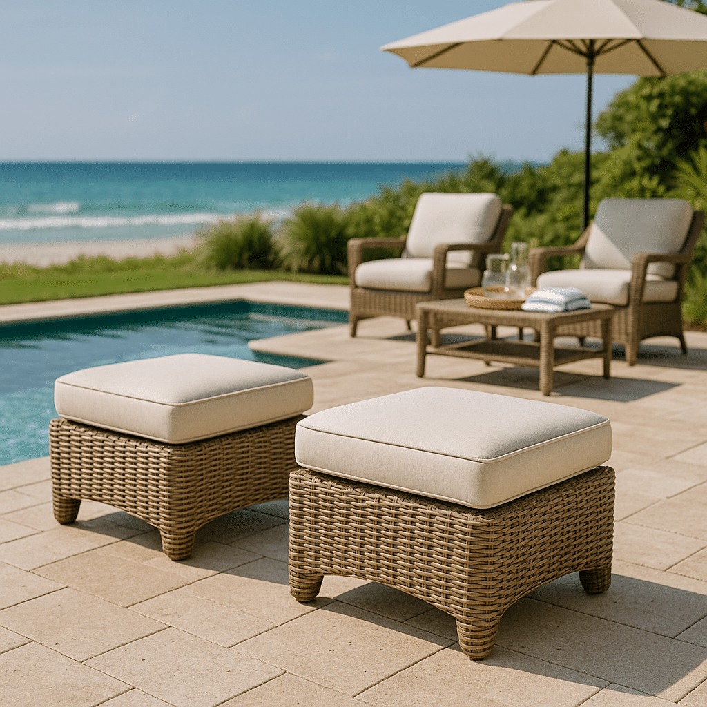 Poolside Ottomans for a late summer guest-ready South Florida patio