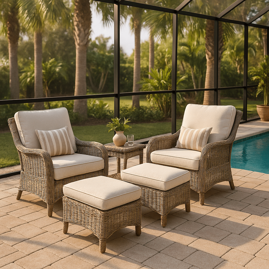 Poolside Ottomans for a late summer guest-ready South Florida patio