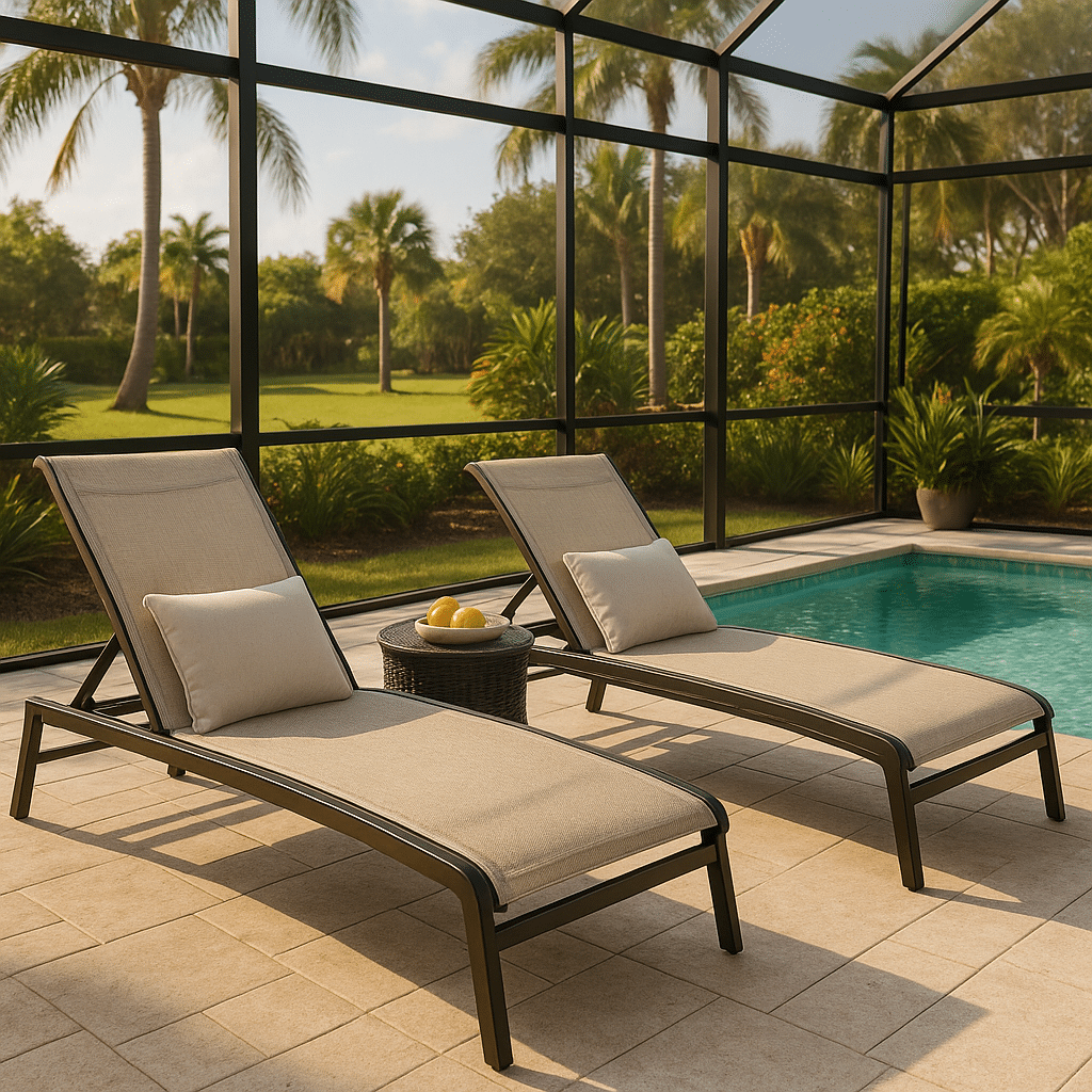 Aluminum Chaise Lounges for a late summer guest-ready South Florida patio