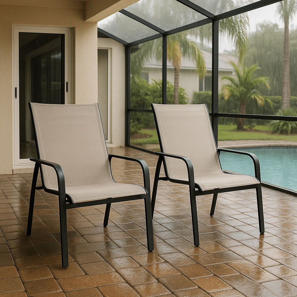 Sling Chairs for a rainy season covered South Florida patio
