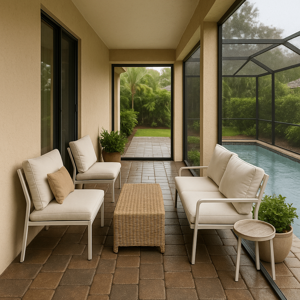 Narrow Lanai Furniture Layouts for a rainy season covered South Florida patio