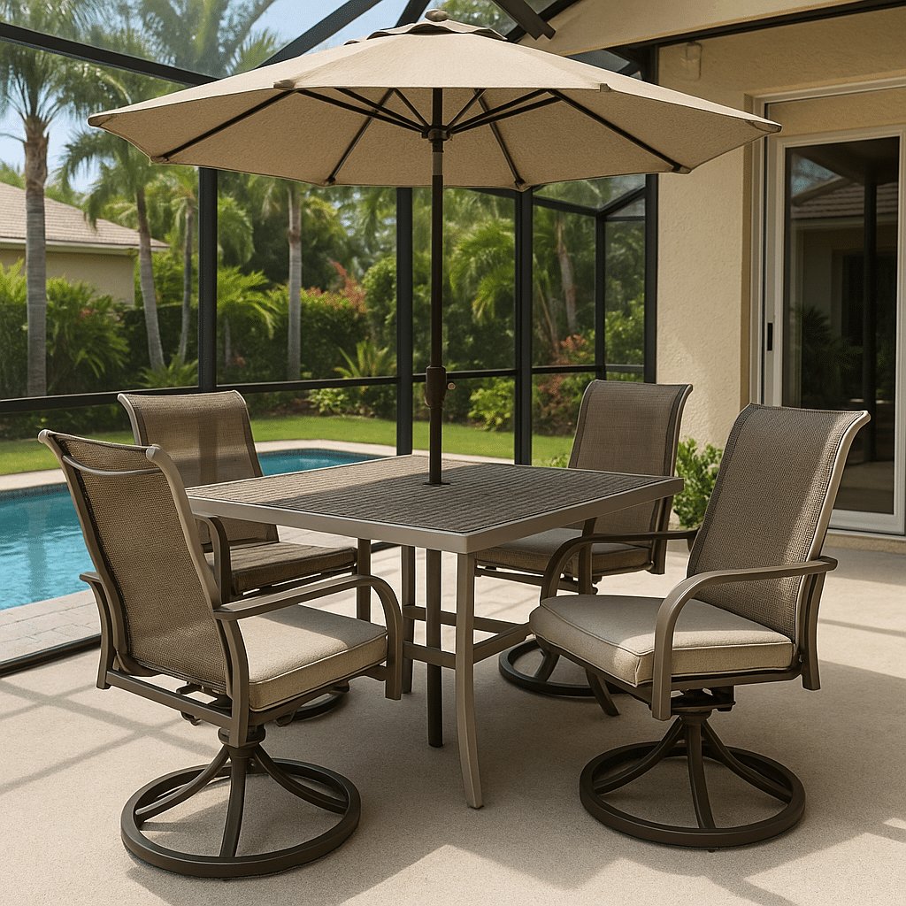 Screened enclosure dining set for a humid Palm Beach County patio