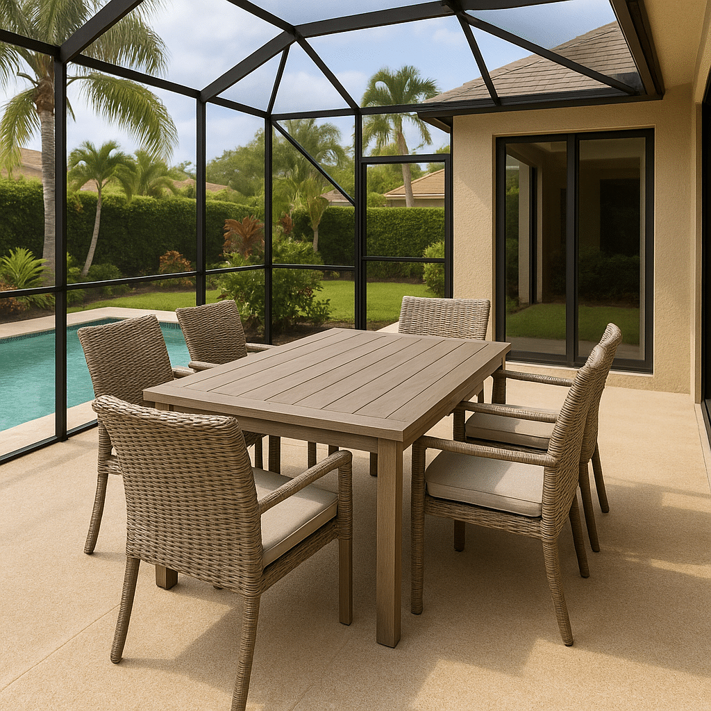 Covered patio dining chairs arranged for South Florida outdoor use