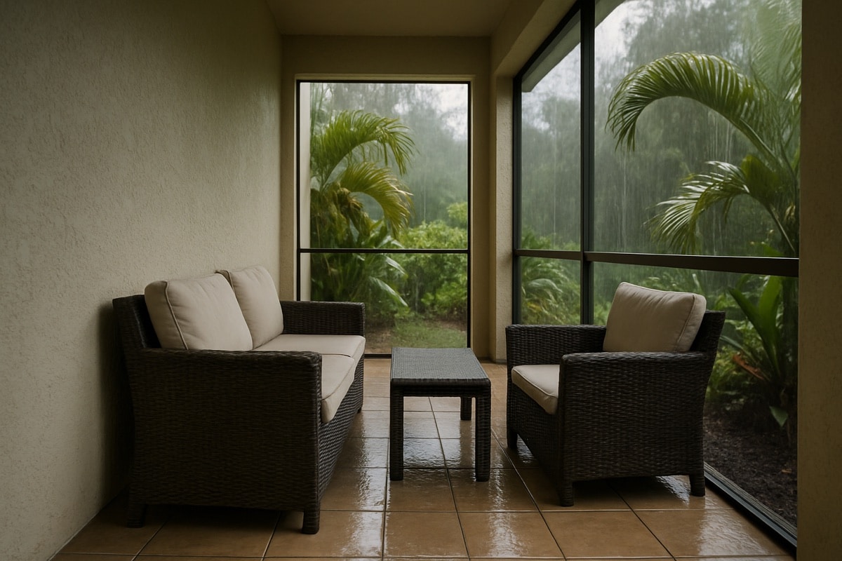 Compact all-weather wicker patio set on a narrow covered lanai during the rainy season