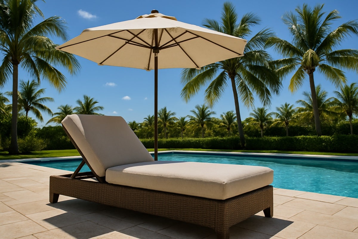 Outdoor chaise lounge under a shade umbrella beside a Jupiter Florida pool deck