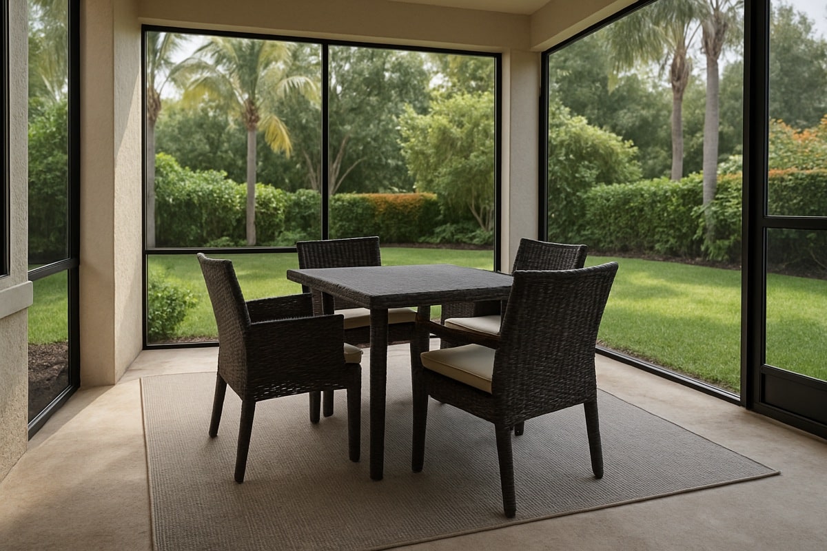 Outdoor area rug under a patio dining set on a covered Florida lanai