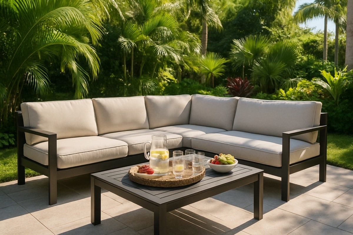 Cushioned outdoor lounge set freshly arranged on a South Florida patio before Fourth of July guests