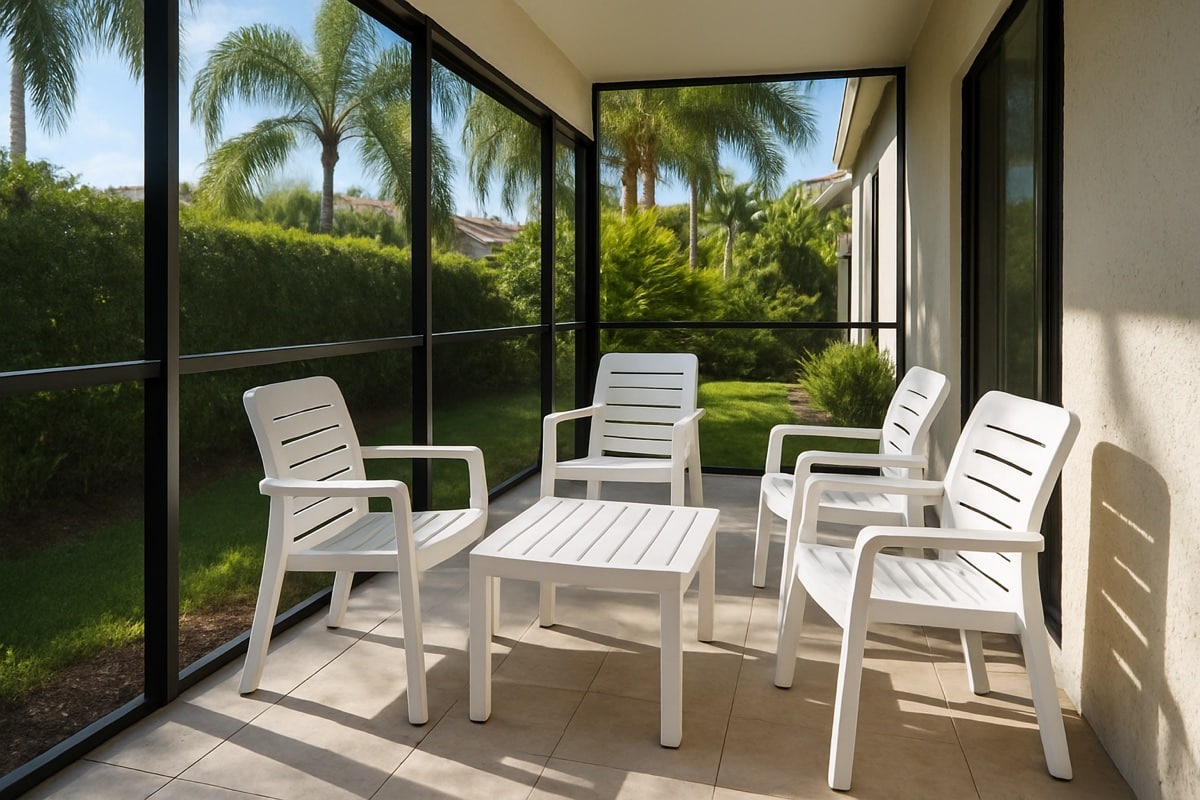 White PVC-frame patio furniture set arranged on a narrow South Florida lanai