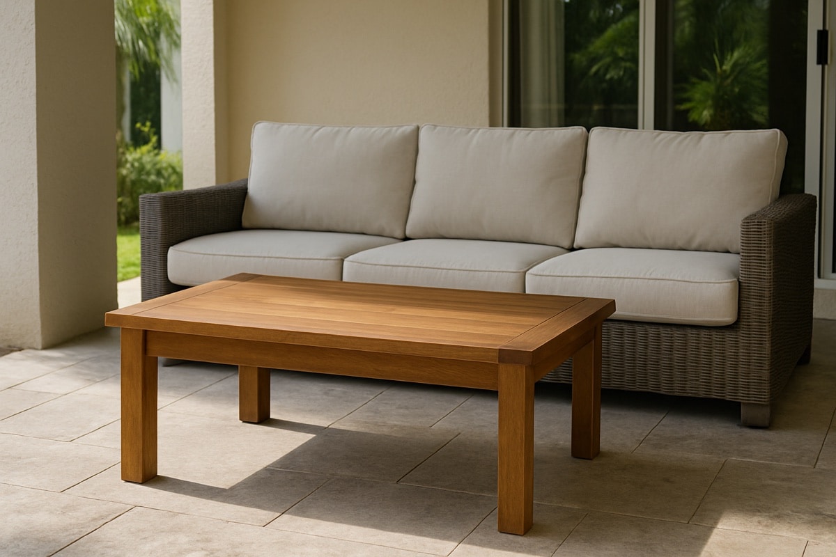 Rectangular outdoor coffee table in front of an outdoor sofa on a covered patio
