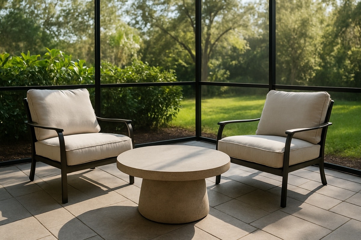 Round outdoor coffee table between two lounge chairs on a small screened lanai