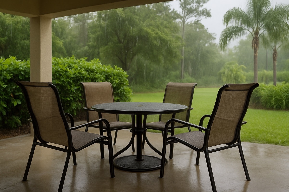 Sling-style mesh patio chairs on a covered Florida patio during the rainy season
