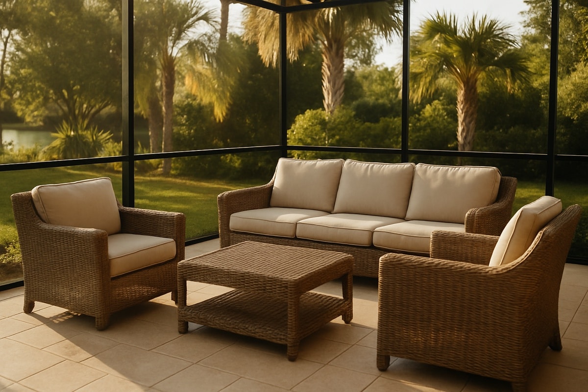All-weather wicker patio sofa and chairs grouped on a guest-ready Florida lanai