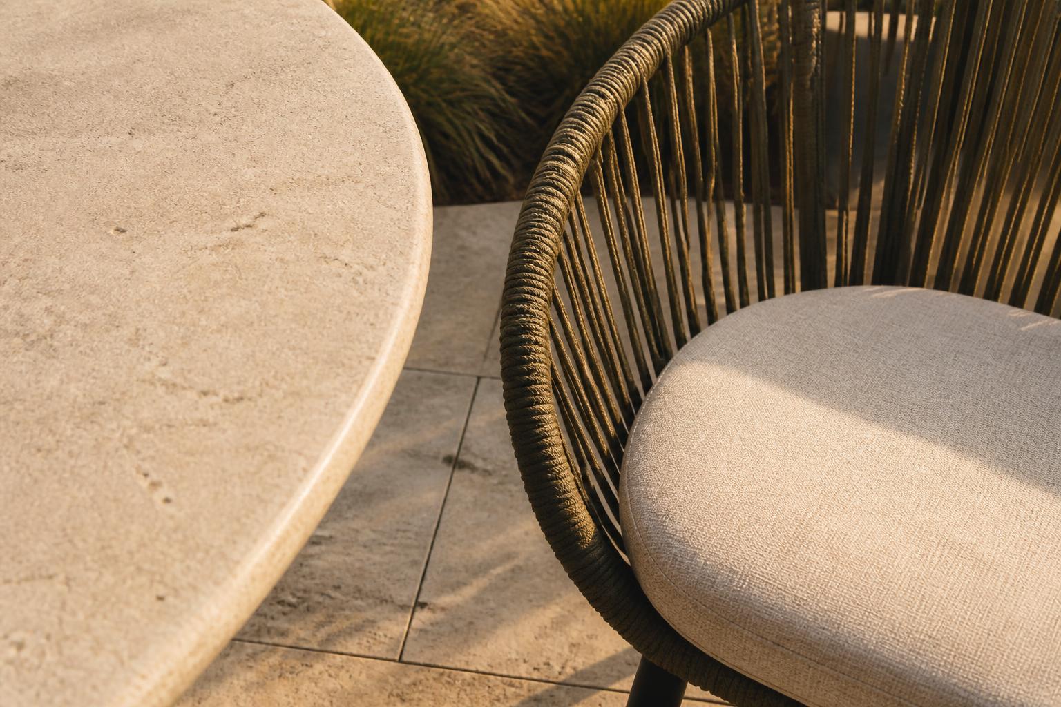 Close-up of an outdoor dining table surface and chair seat material