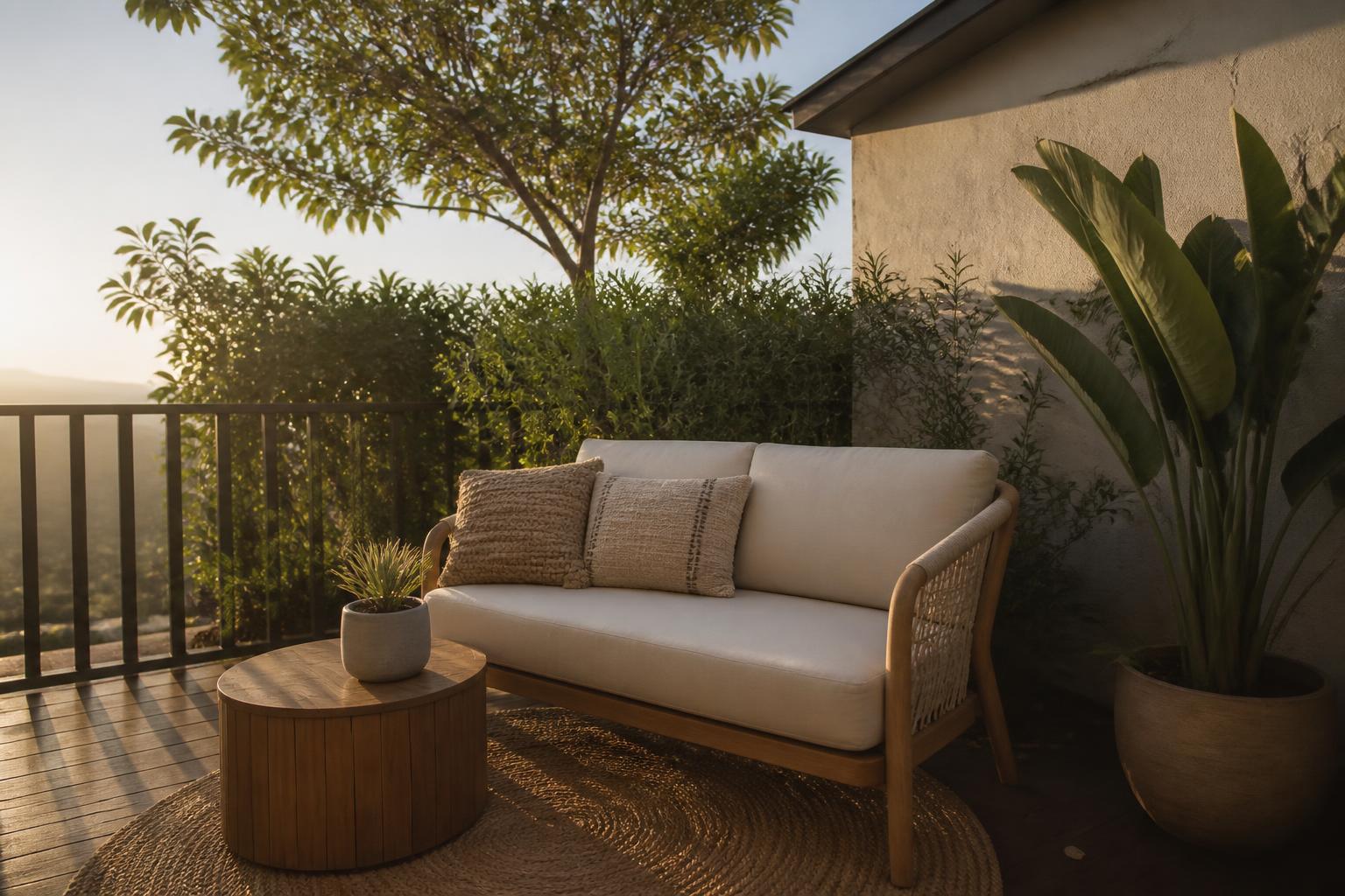 Compact outdoor loveseat and round side table on a small modern patio
