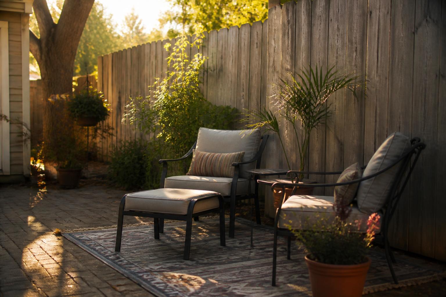 Small townhome patio furniture arrangement against a privacy fence