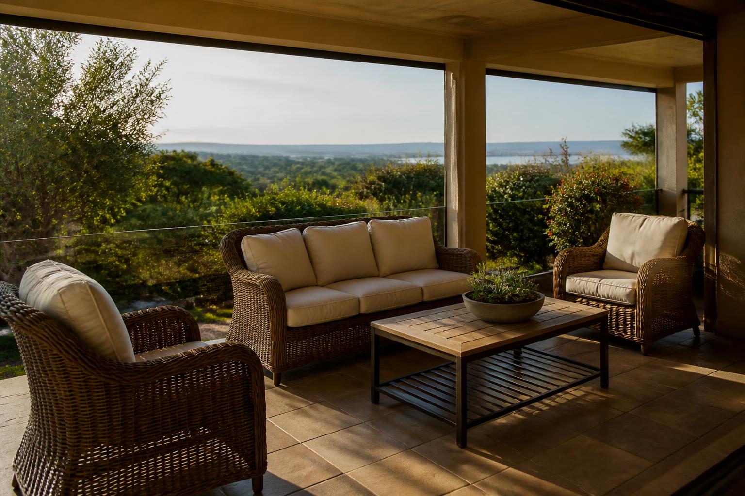 Wicker patio seating set arranged around a low table on a covered lanai