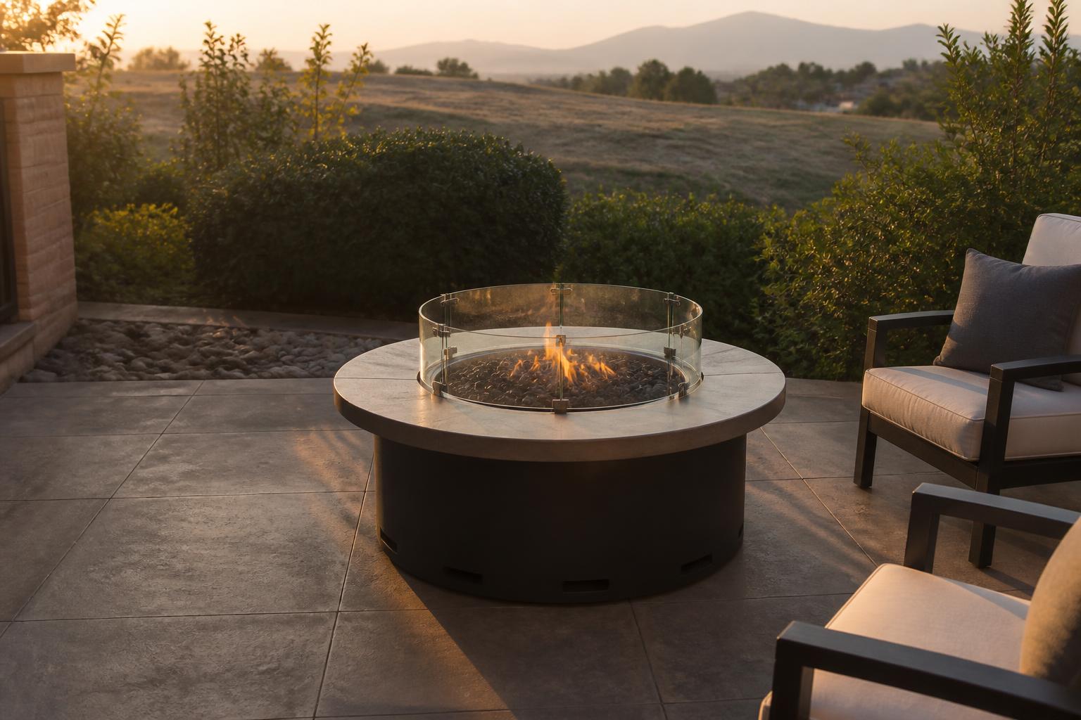 Round aluminum fire pit table with glass wind guard on a small tiled patio