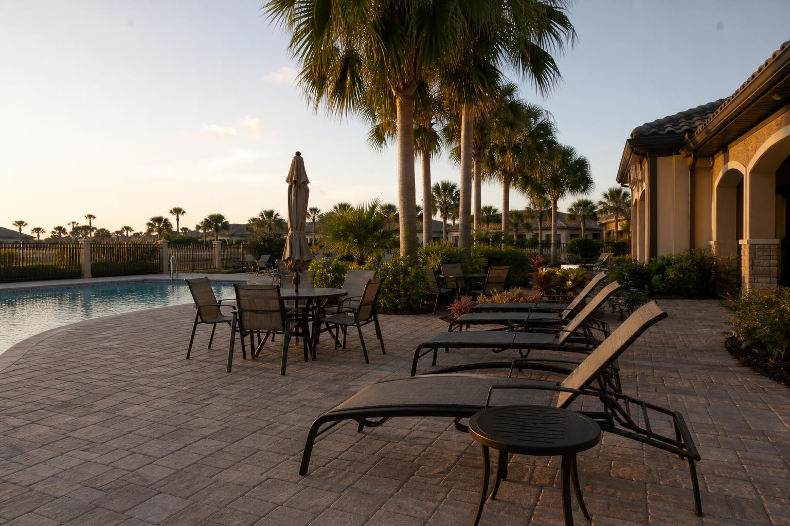 Pool deck with clusters of lounge chairs and side tables for multiple family groups