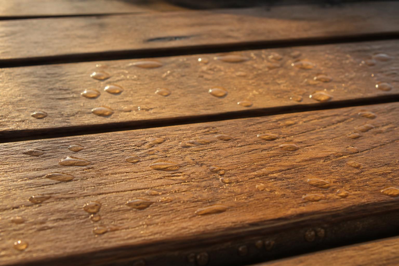 Close-up of natural teak wood grain tabletop with water beads