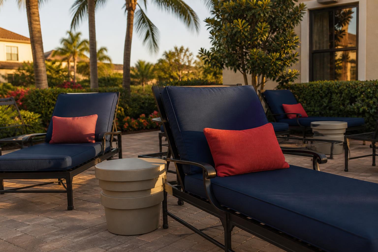 Outdoor lounge chairs with navy and coral cushions on a sunny pool deck