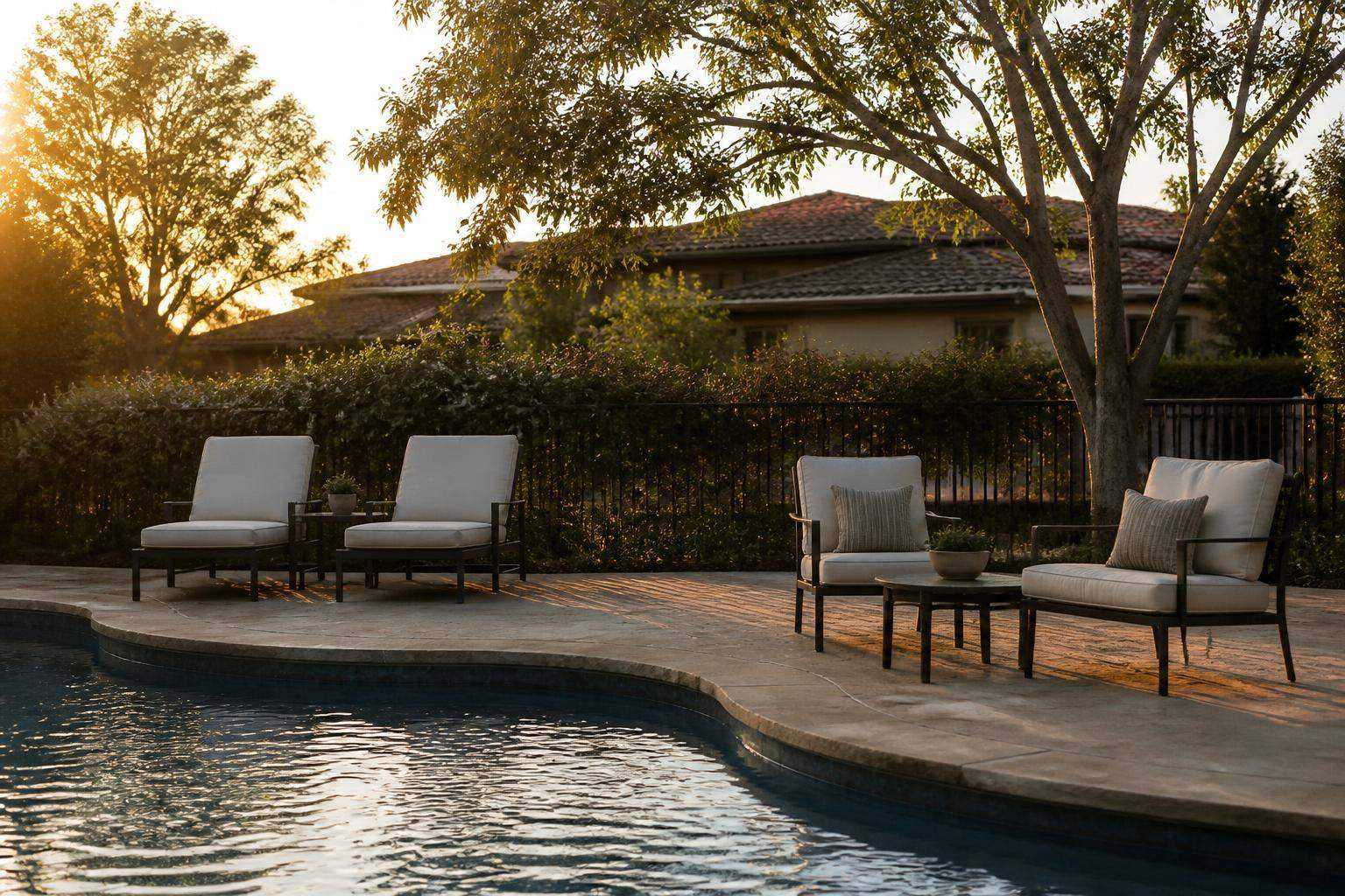 Pool deck furniture arranged in two seating clusters around a residential pool
