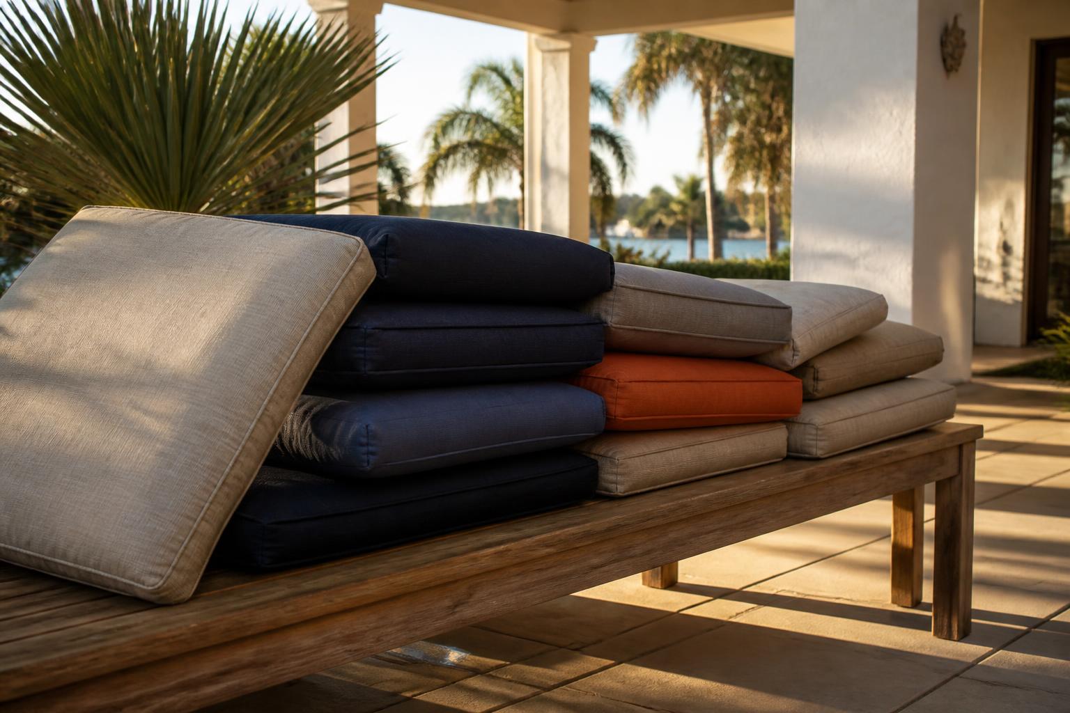Folded outdoor cushions in navy, gray, and terracotta stacked on a teak bench on a covered Florida lanai