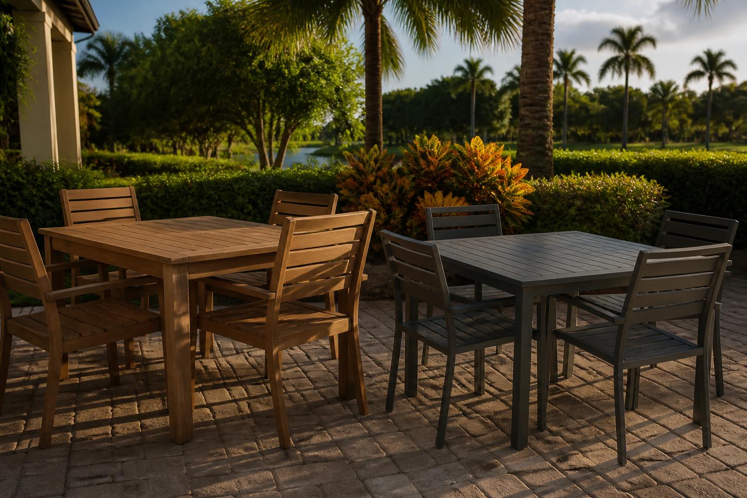 A natural teak dining table beside a gray powder-coated aluminum table on a Florida patio