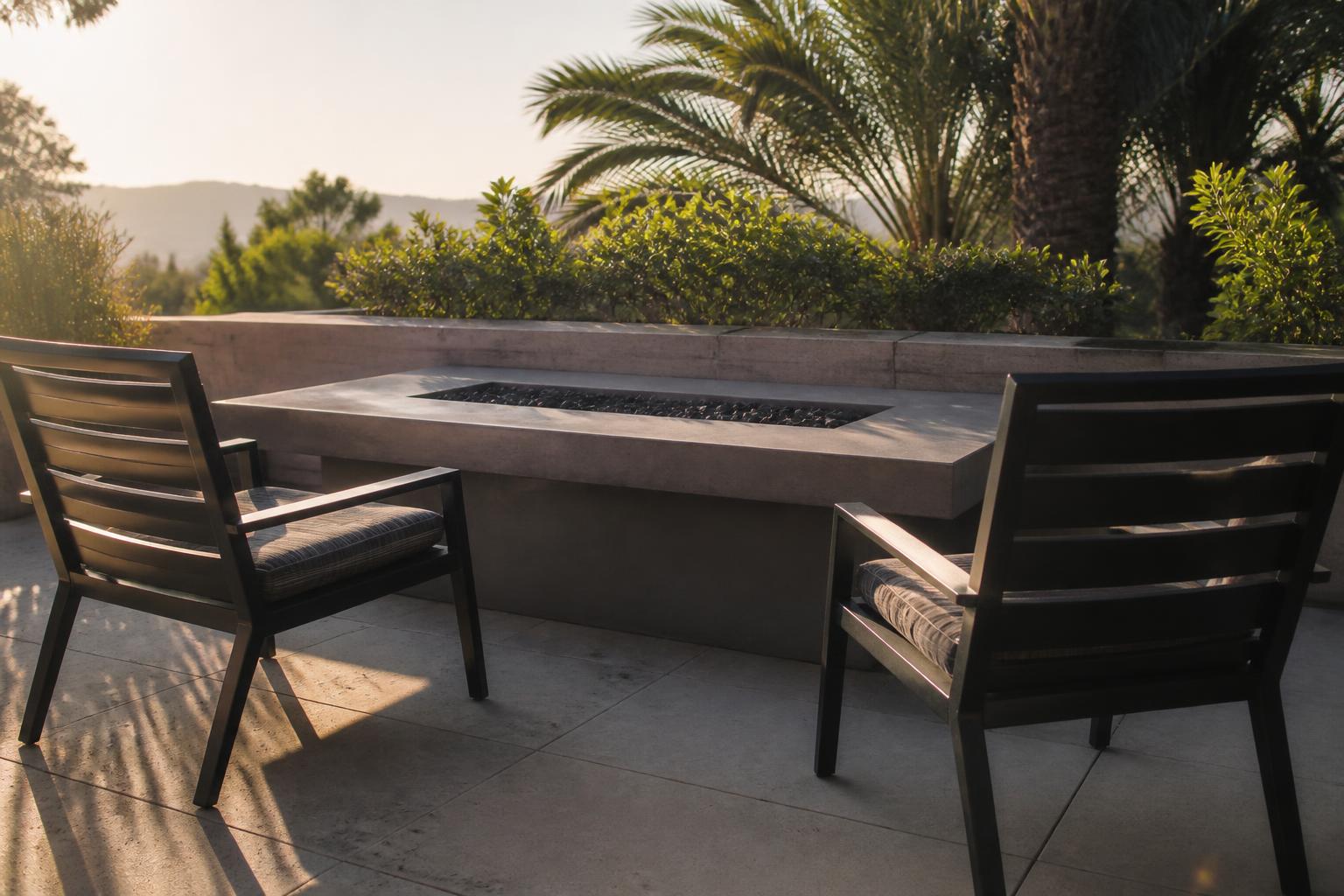 Rectangular fire pit table against a low patio wall with two chairs