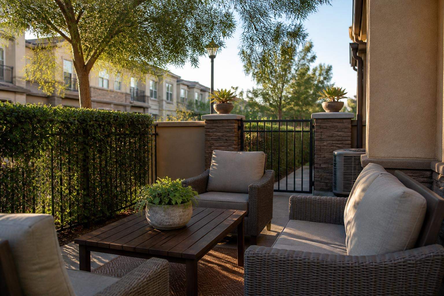 Neutral tan and gray patio furniture set on a townhome patio in a gated community