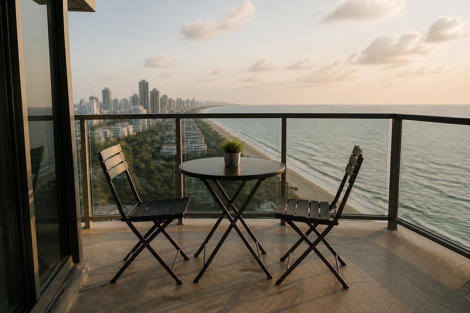 Compact bistro table and folding chairs on a high-rise Palm Beach County condo balcony