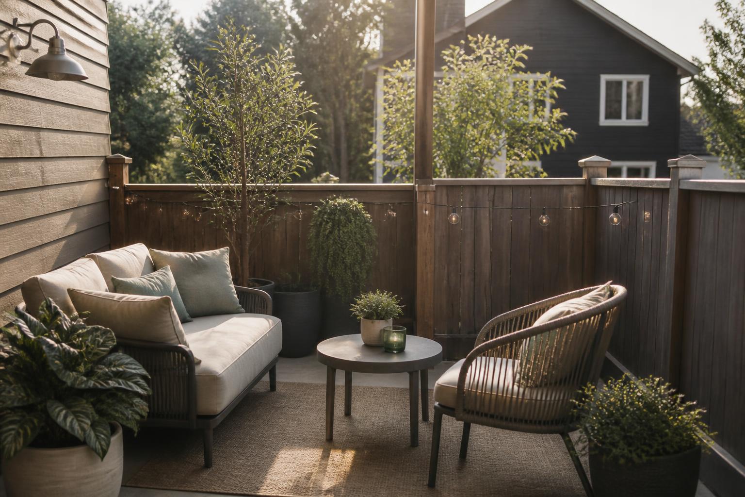 Downsized patio furniture arrangement fitting a small outdoor living space
