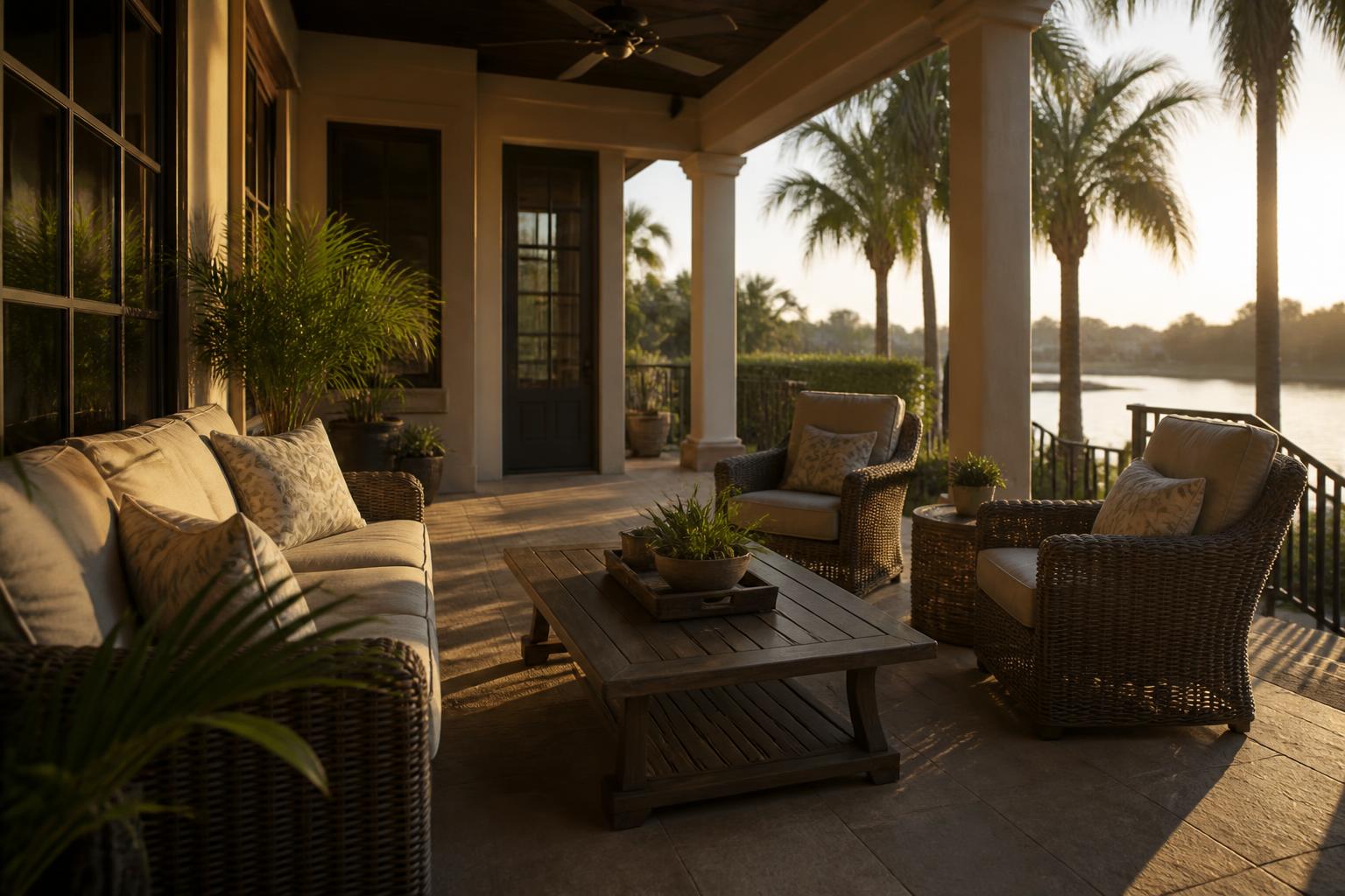 Wicker outdoor sofa and chairs on a covered Florida patio