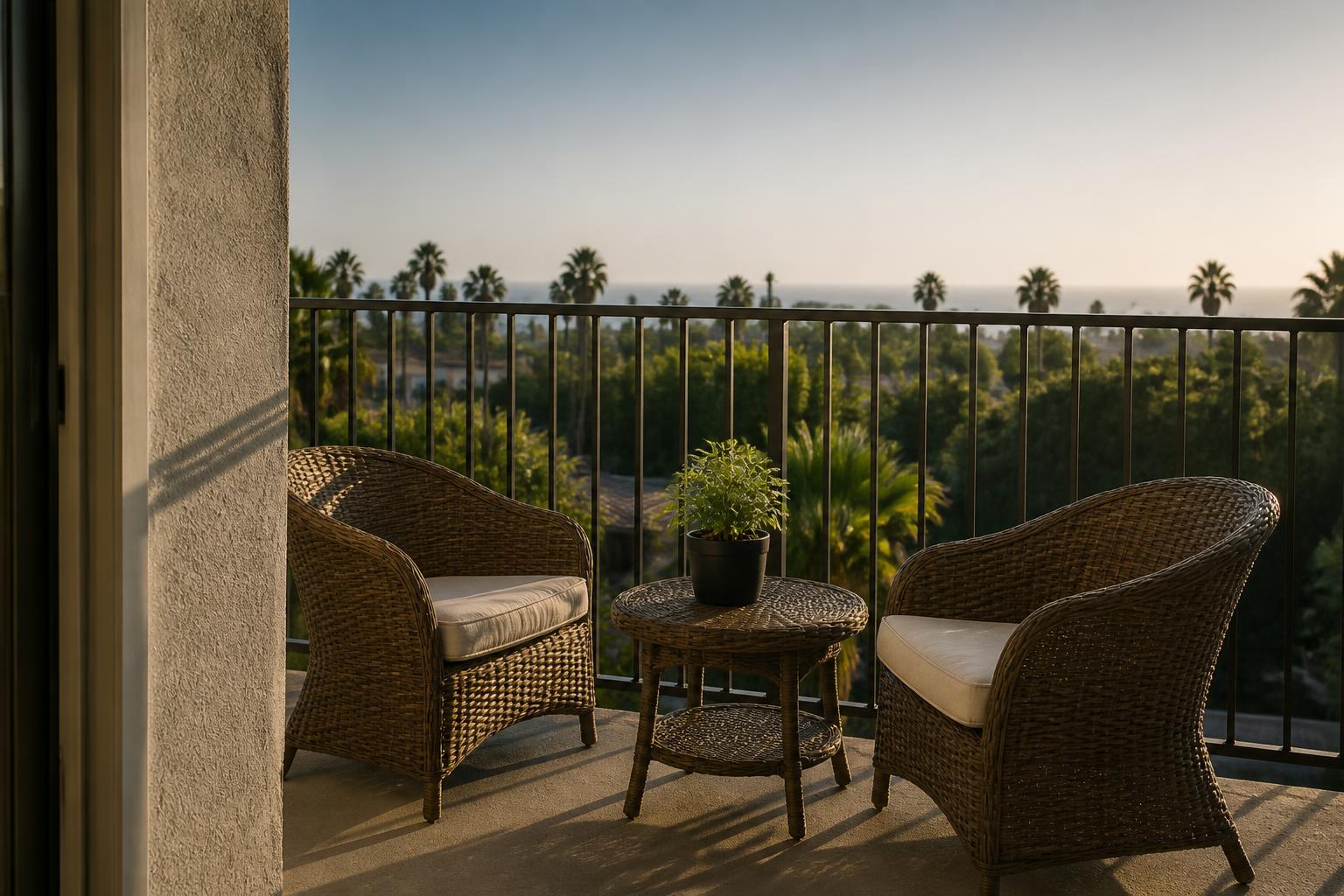 Small balcony furniture set arranged against a railing with palm trees below