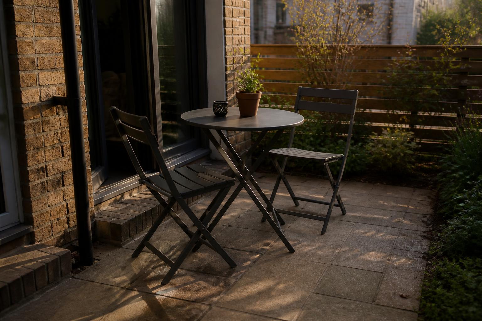 Space-saving bistro table with stackable chairs on a compact townhome patio