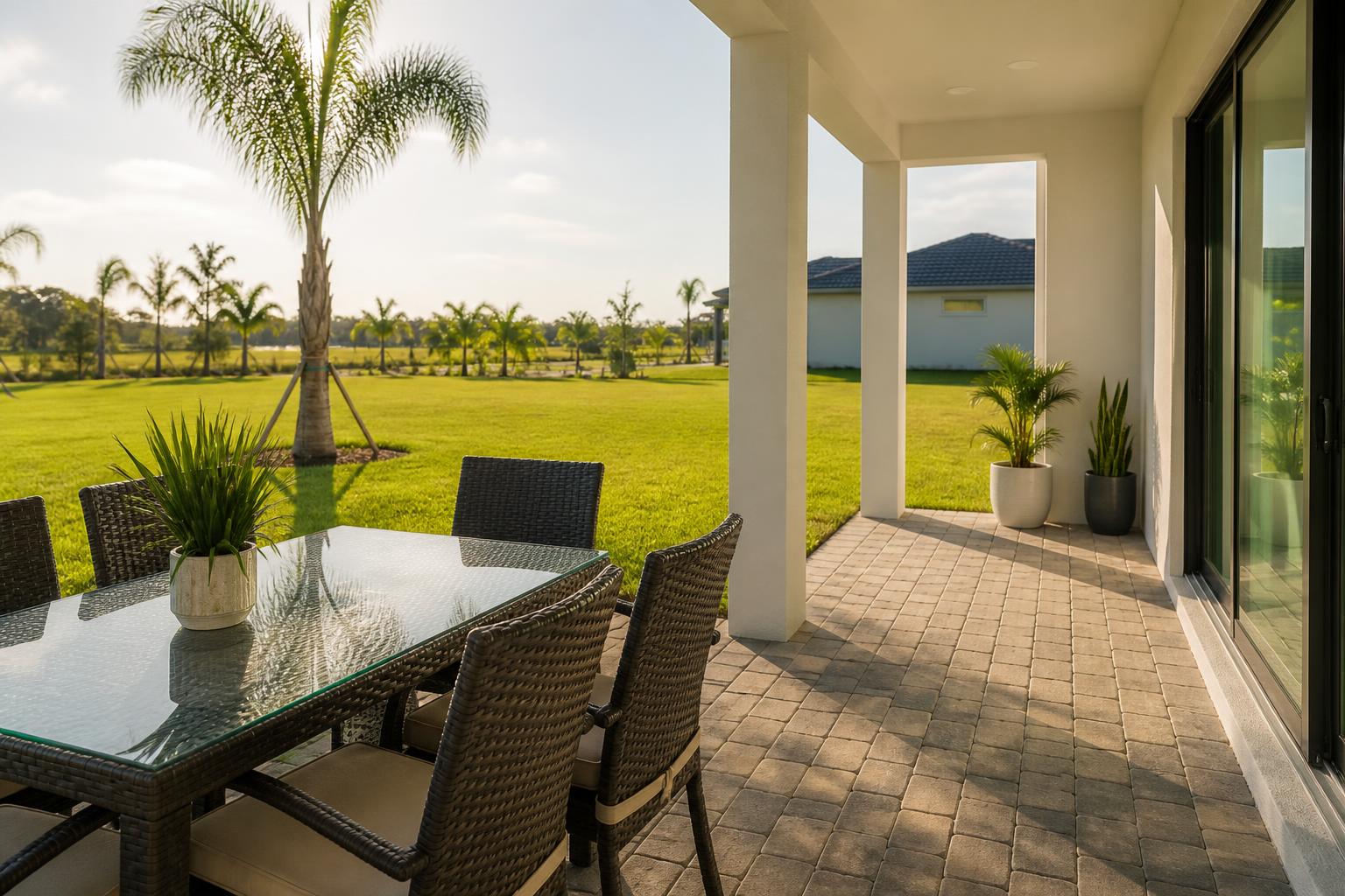 Outdoor dining table and chairs staged on a new construction home patio