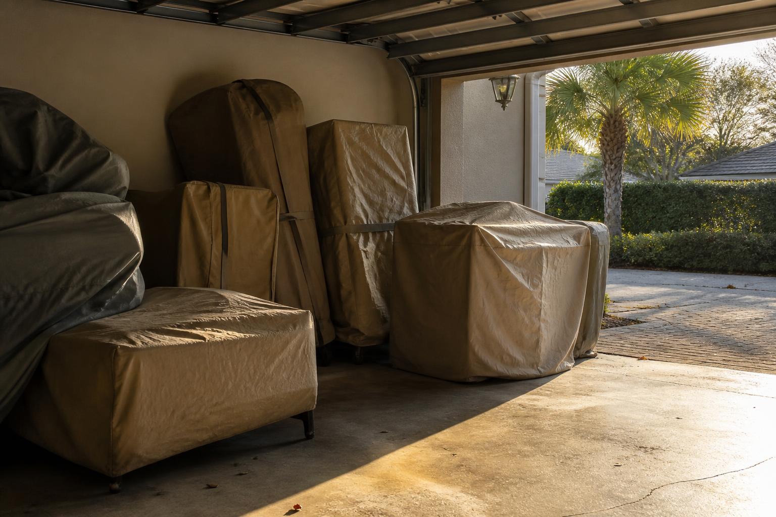 Garage storage area with patio furniture stacked and covered before a hurricane