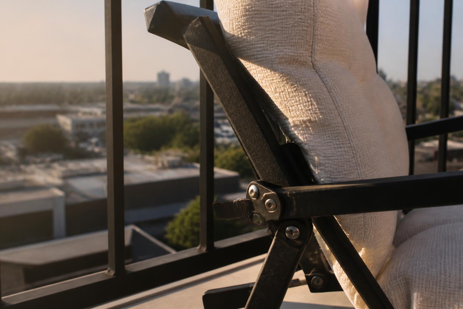 Close-up of a folding balcony chair frame joint and cushion fabric