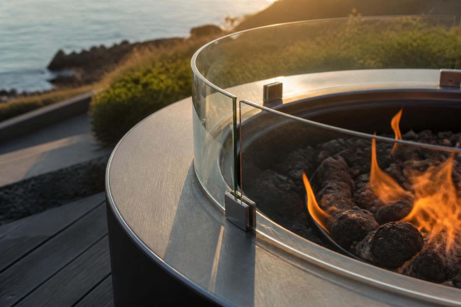Close-up of a fire pit table's tempered glass wind guard and aluminum rim