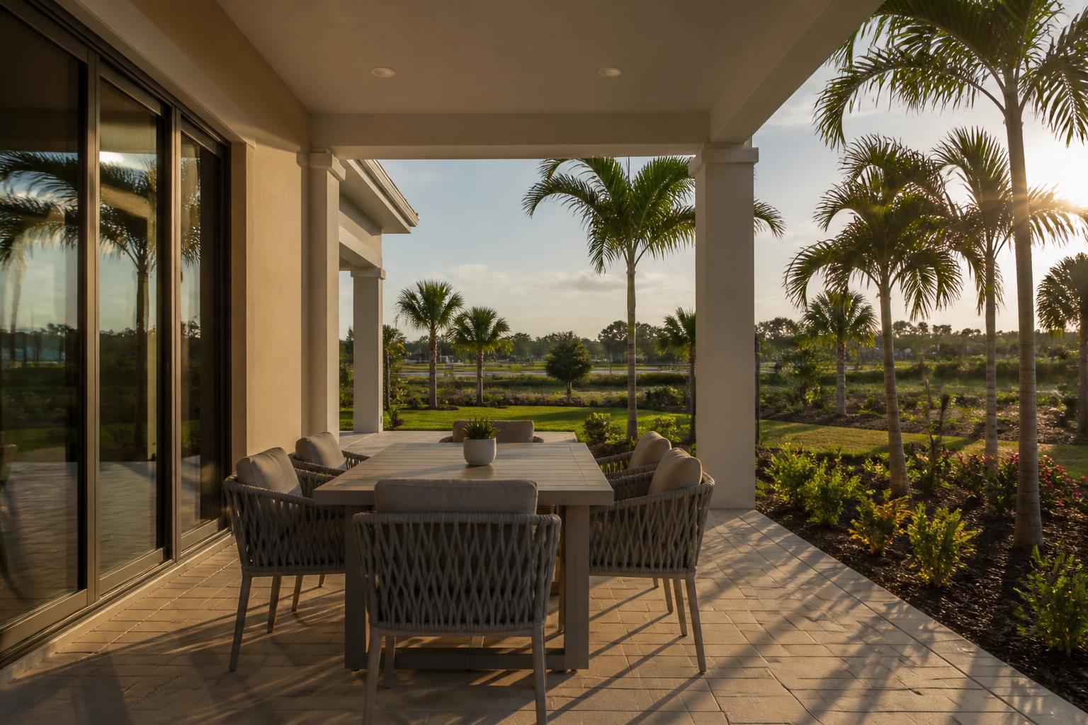 New construction home patio with an outdoor dining set freshly placed