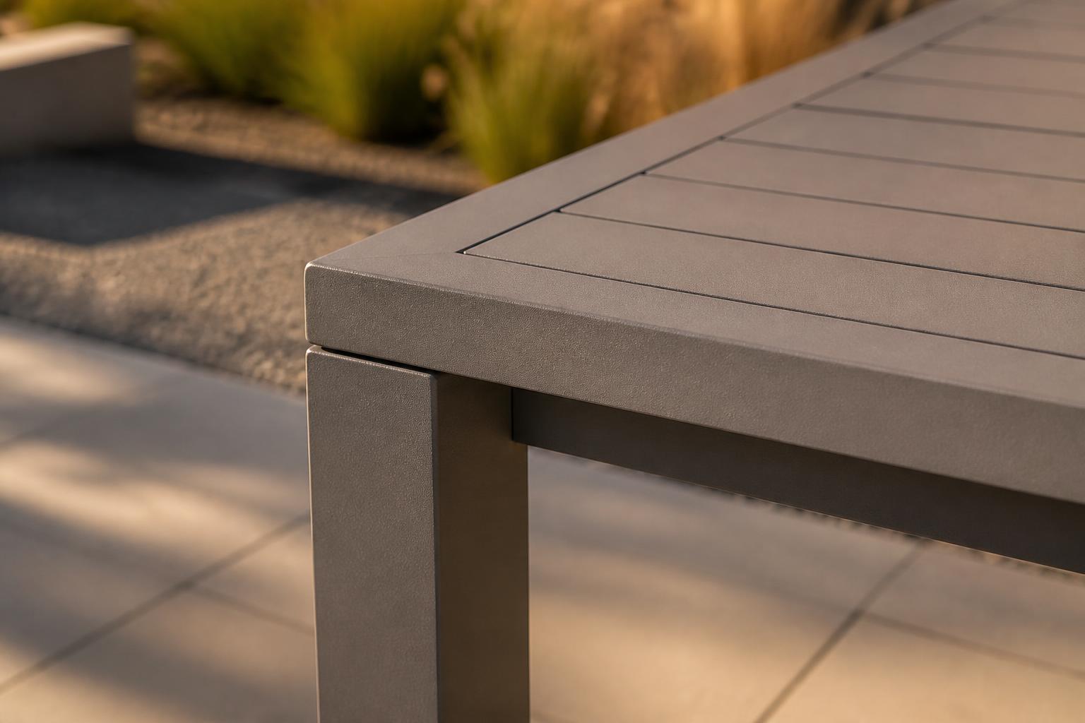 Close-up of a matte gray powder-coated aluminum table corner joint