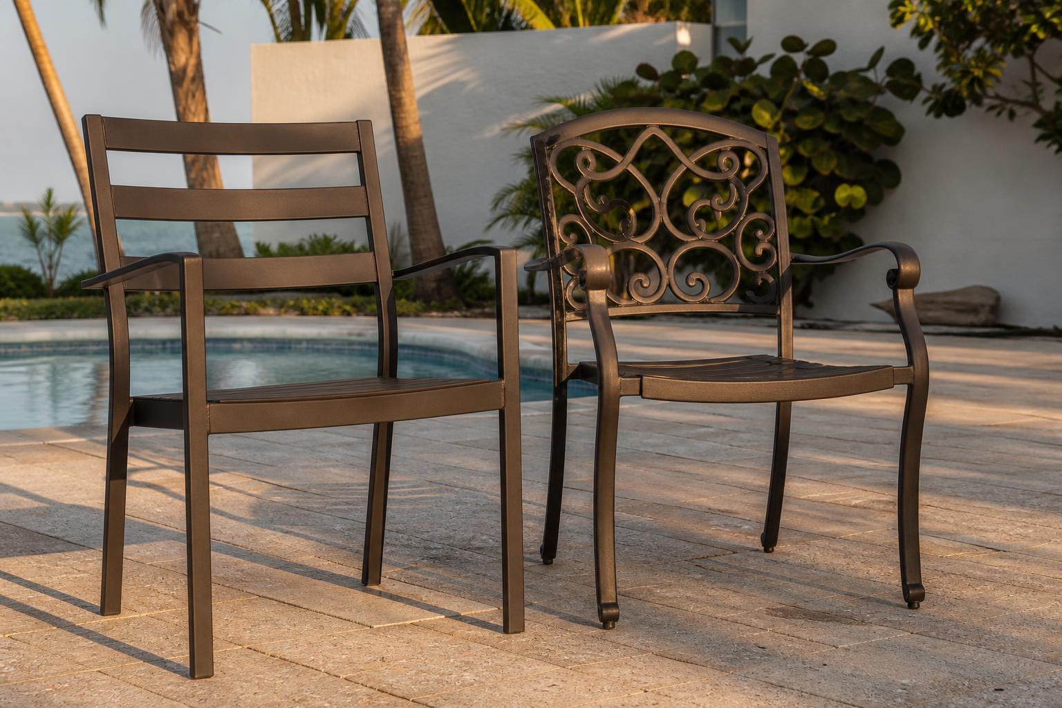 Extruded and cast aluminum outdoor chairs side by side on a pool deck