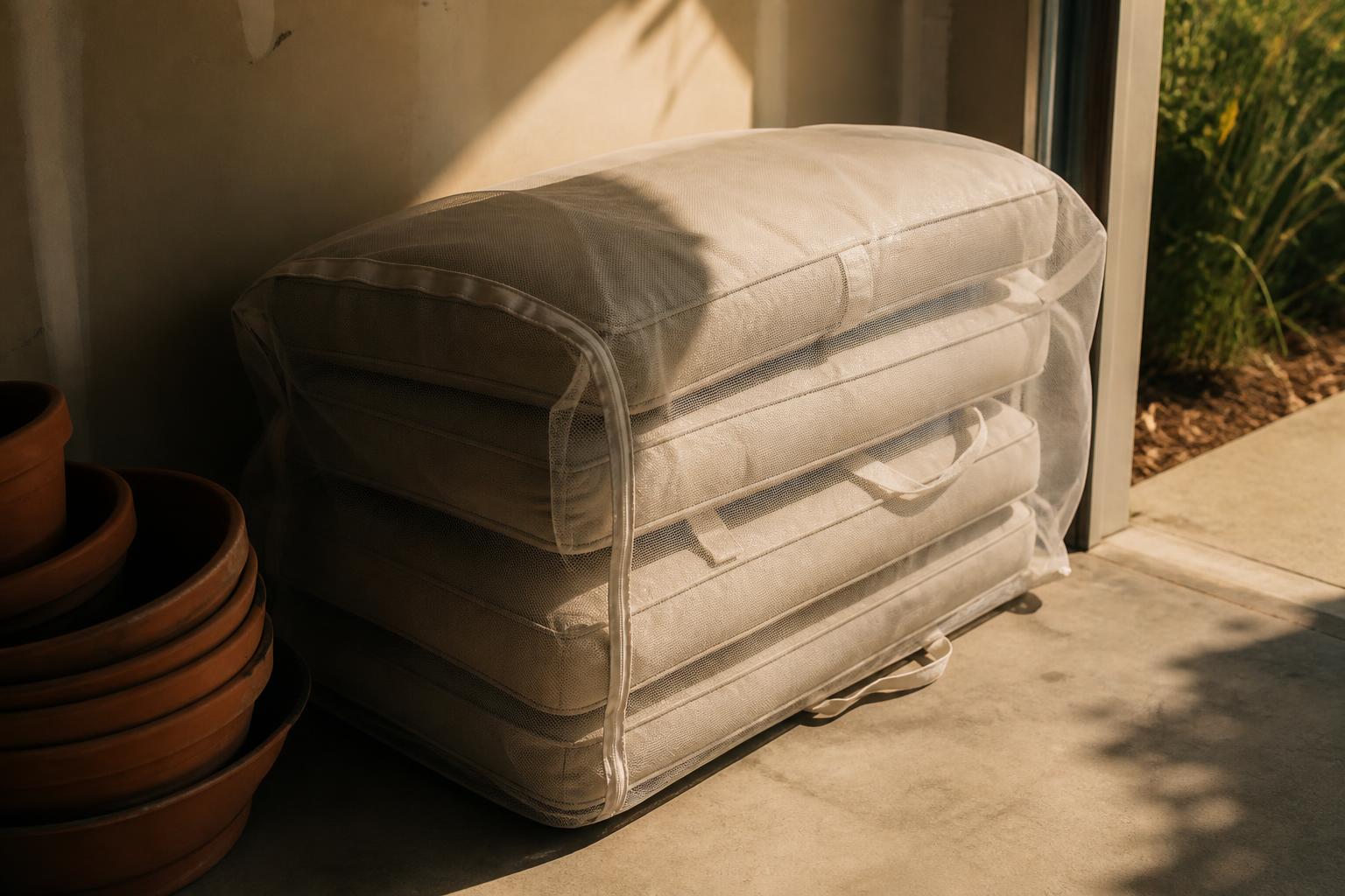Folded outdoor cushions stored in a breathable storage bag